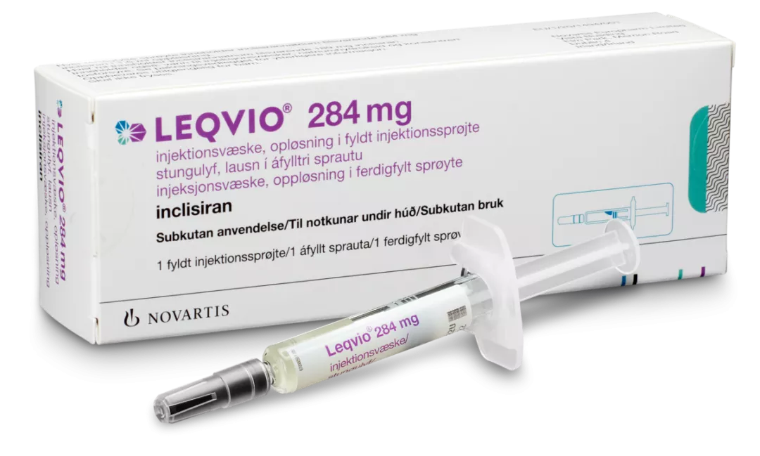 Bild på förpackning och spruta Leqvio