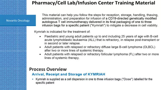 HSA Approved RMP – Pharmacy/Cell Lab/Infusion Center Training Material