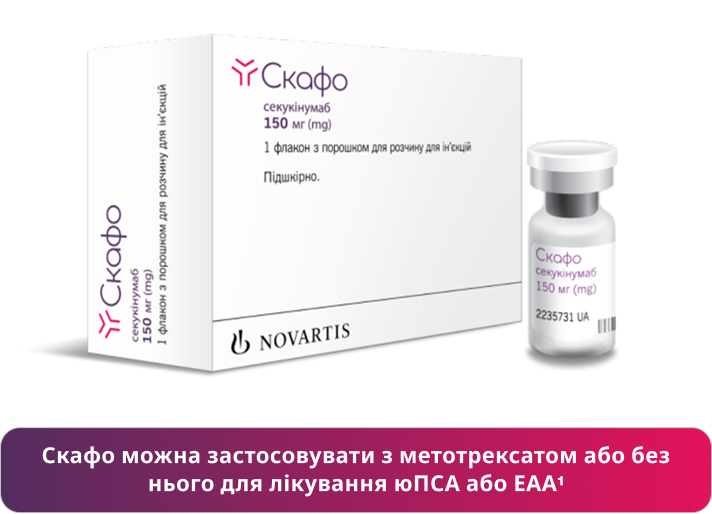 Скафо можна застосовувати з метотрексатом або без нього для лікування юПСА або ЕАА1 Скафо можна застосовувати з метотрексатом або без нього для лікування юПСА або ЕАА1