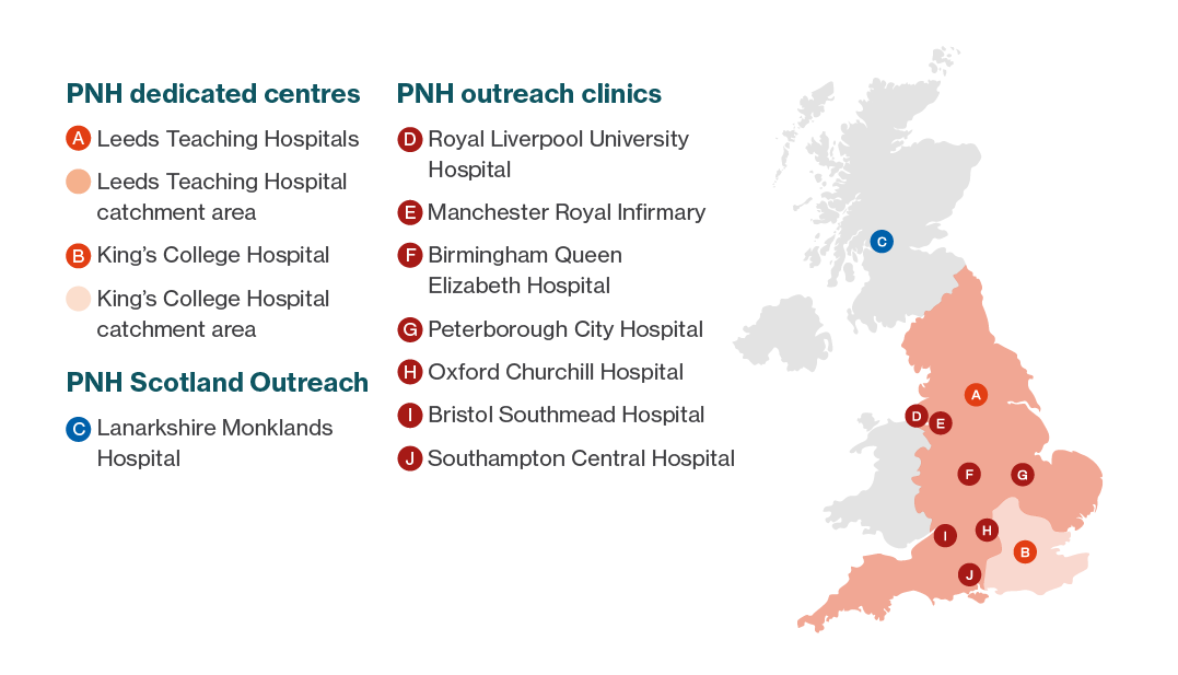 National PNH Service Map of the UK featuring PNH dedicated centres and outreach clinics. National PNH Service Map of the UK featuring PNH dedicated centres and outreach clinics.