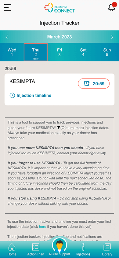 Image representing the injection tracker screen of the KesimptaConnect app.