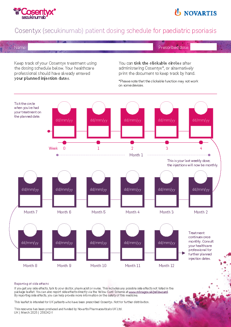 Preview image. Cosentyx paediatric psoriasis (PsO) dosing schedule.