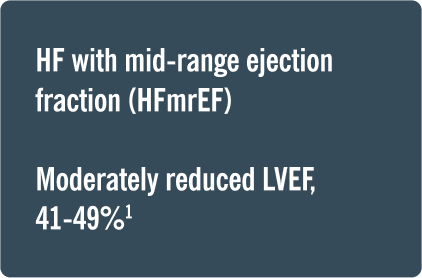 Box with the text ‘HF with mid-range ejection fraction (HFmrEF). Moderately reduced LVEF, 41-49%¹.’ Box with the text ‘HF with mid-range ejection fraction (HFmrEF). Moderately reduced LVEF, 41-49%¹.’