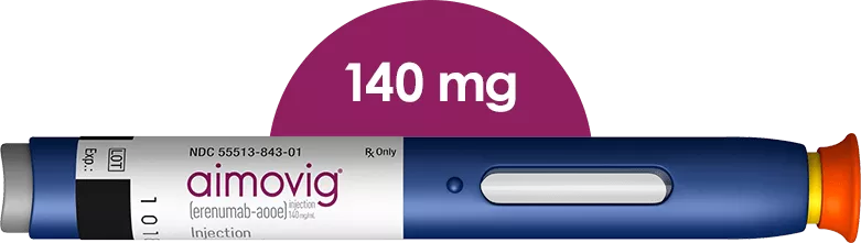 Image of the 140 mg dose Aimovig autoinjector pen