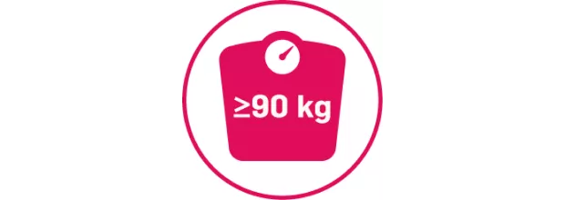 Icon of scales showing 90 kg to represent patients weighing greater than or equal to 90 kg.