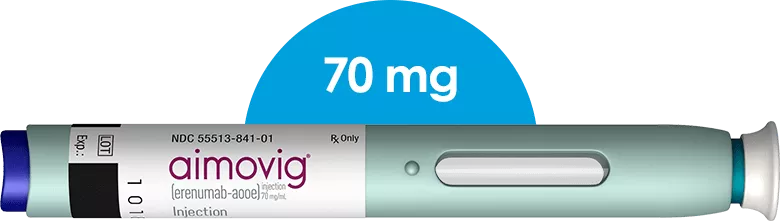 Image of the 70 mg dose Aimovig autoinjector pen