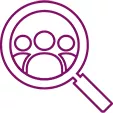 Icon of a magnifying glass over a group of people.