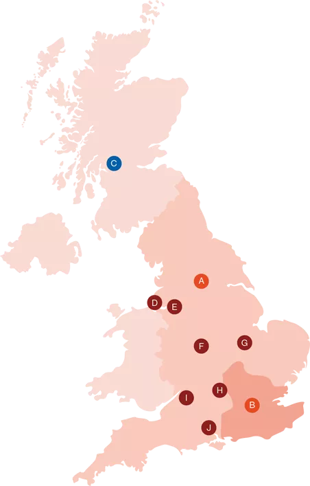 Map of the UK showing PNH dedicated centres and outreach clinics.