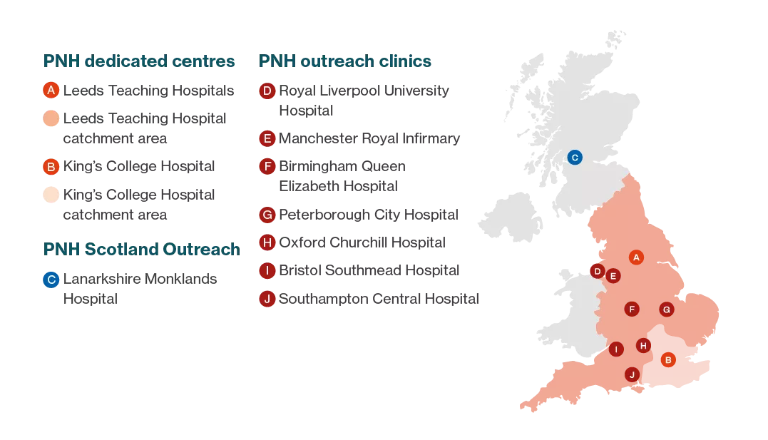National PNH Service Map of the UK featuring PNH dedicated centres and outreach clinics.