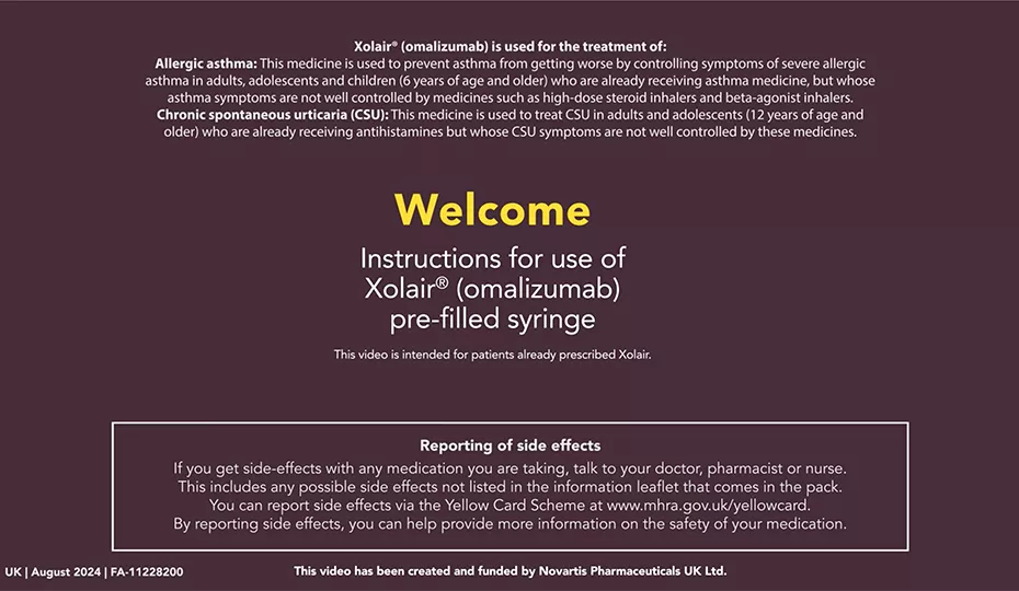 Preview image: instruction video for Xolair injection.