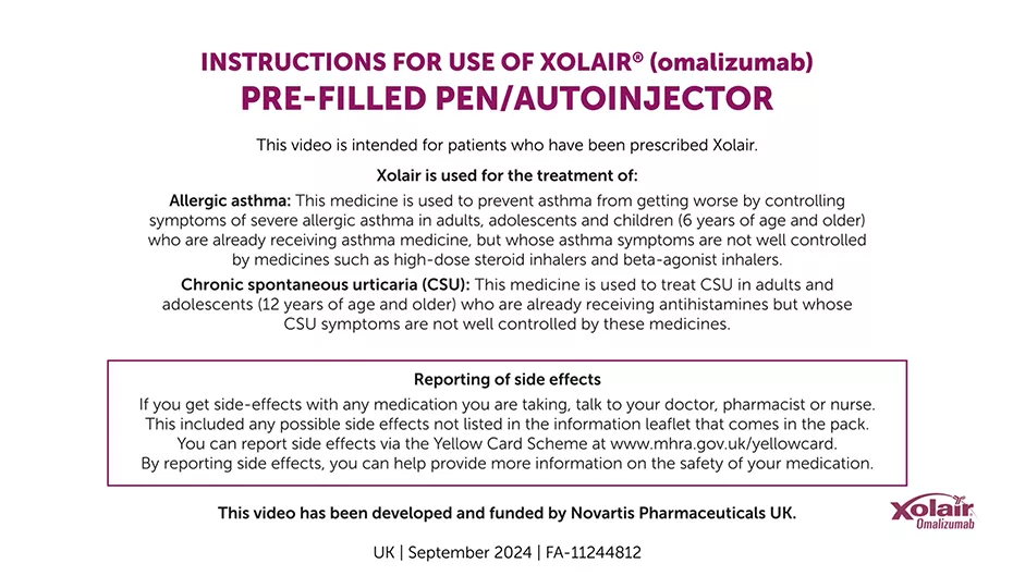 Preview image: instruction video for Xolair autoinjector. Preview image: instruction video for Xolair autoinjector.
