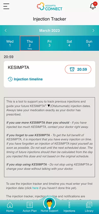 Image representing the injection tracker screen of the KesimptaConnect app.