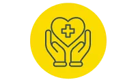 Icon of a heart with a pharmacy cross on it held in a pair of hands.