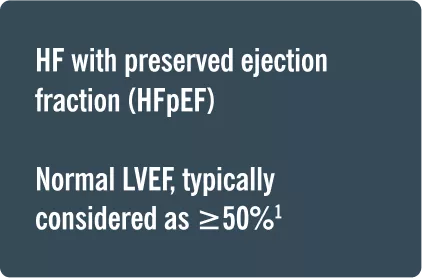 Box with the text ‘HF with preserved ejection fraction (HFpEF). Normal LVEF, typically considered as ≥50%¹.’