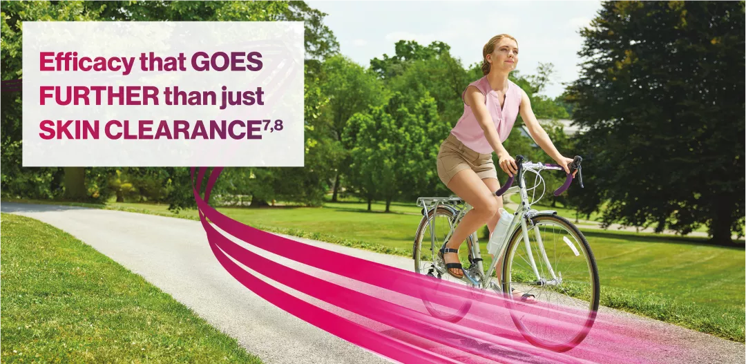 Image of a woman riding a bike with the text 'Efficacy that goes further than just skin clearance'.