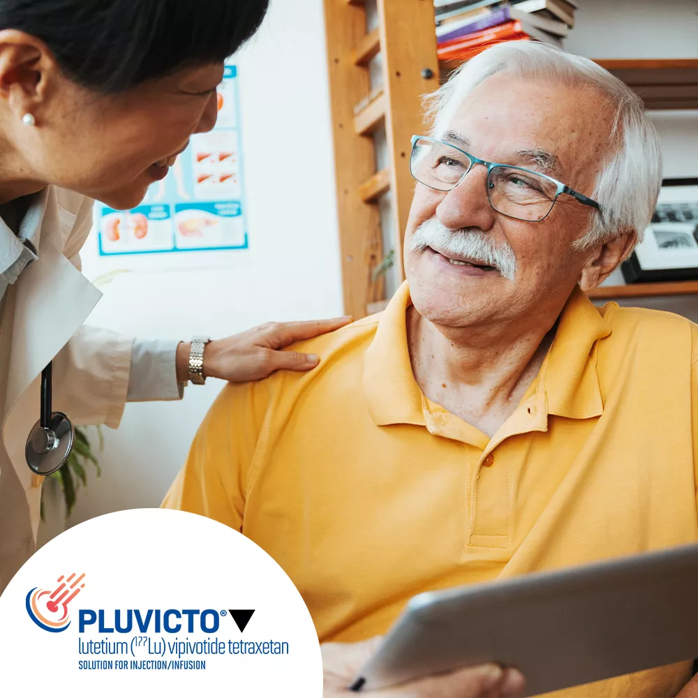 Hero banner. Pluvicto▼ (lutetium Lu 177 vipivotide tetraxetan) logo.
