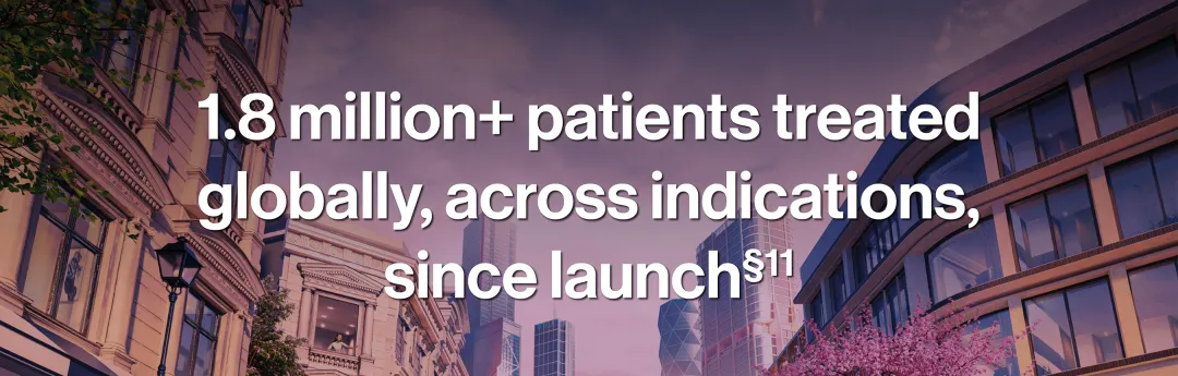 Banner with the text. '1.8 million+ patients treated globally, across indications since launch.11' 