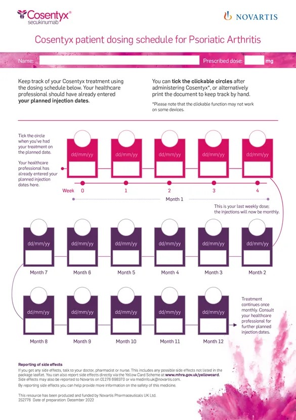 Preview image. Cosentyx Psoriatic arthritis (PsA) dosing schedule.