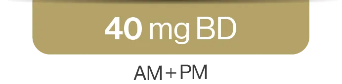 Box with the text '40 mg BID (AM and PM)'.